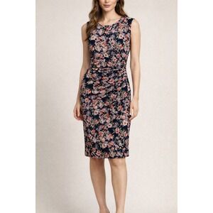 Verse Floral Romantic Rouched Sheath Midi Sleeveless Dress Navy Large Faux-wrap